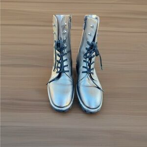 Stuart Weitzman Metallic Silver Moto Boots. Size  8.5.  $220